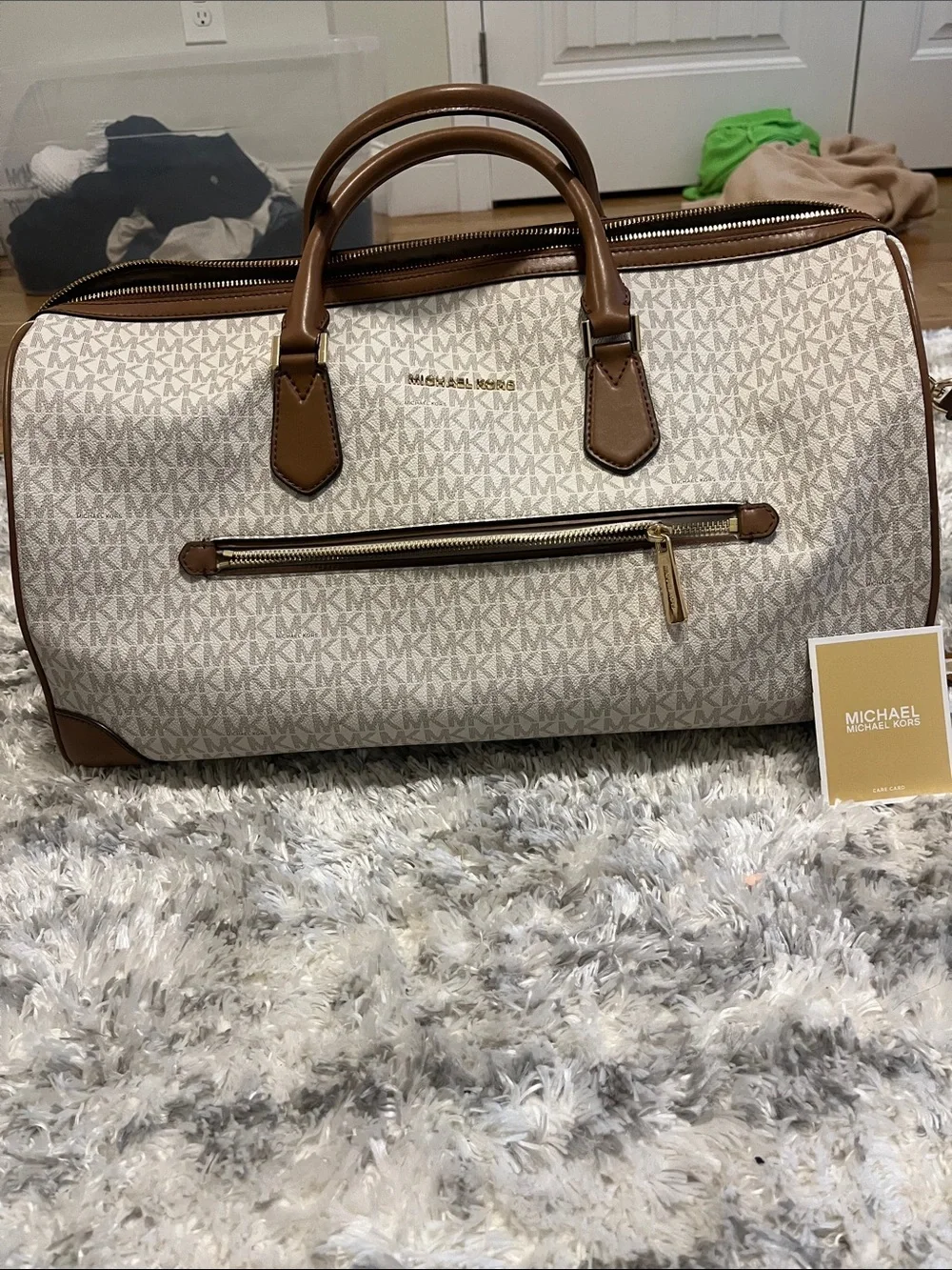 Michael Kors Cream and Brown Signature Travel Duffel